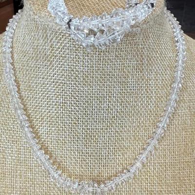 Antique Art Deco Faceted Quartz Rock Crystal Graduated 16" Necklace And Double Strand 7" Bracelet 