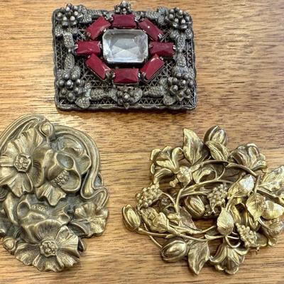 Antique Repousse Brass Art Nouveau Sweater Clip, Brass Sash Pin, And Silver Tone Red Bead Sash Pin Brooch