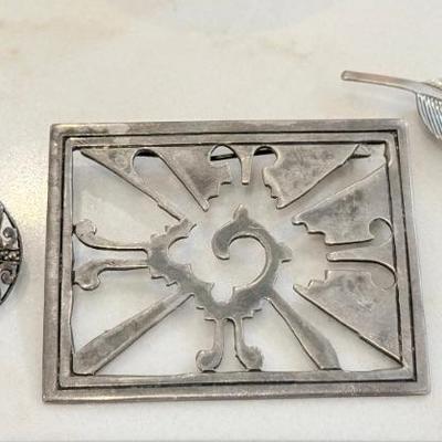 (3) Sterling Silver Pins - Boma With Black Onyx, Jewel Art Leaf, Mexico Cut Out - 32.06 Grams Total
