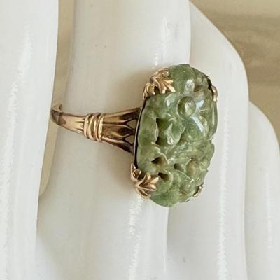 Antique 14K Gold & Hand Carved Jade Ring Size 7.25 - Total Weight 3.92 Grams 