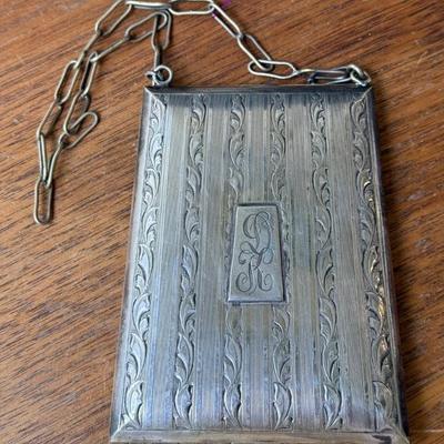 Antique Art Deco Plate Silver Compact Dance Purse With Chain 