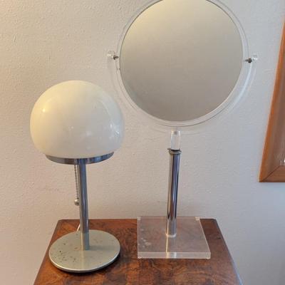 1970's Modern SCE French Chrome Mushroom Lamp/Acrylic Vanity Mirror 