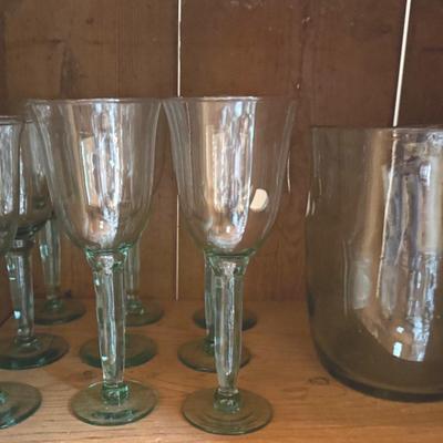 Handblown Green Glass Stemware and Pitcher 