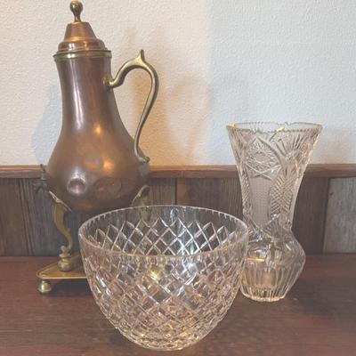 Antique Copper & Brass Coffee Urn Daalderop Made in Holland Ceská Crystal Bowl 