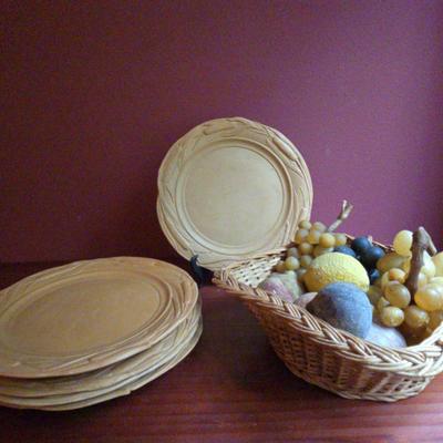 Italian Clay Plates w/Cattails and Stone (Marble, Onyx?) Fruit 