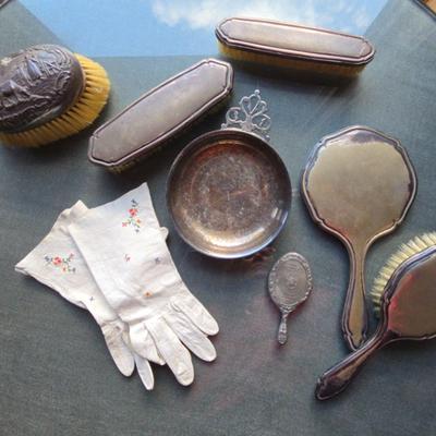 Antique Silver Brushes and Small White Leather Gloves 