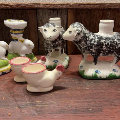 Ceramic Rabbit and Sheep Candle Holders Made in Portugal/ Chicken Egg Cups Made in France