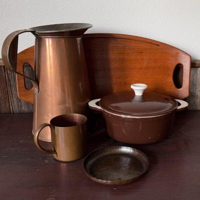Mid Century Descoware Belgium/Dansk Wood Tray/Copper Pot