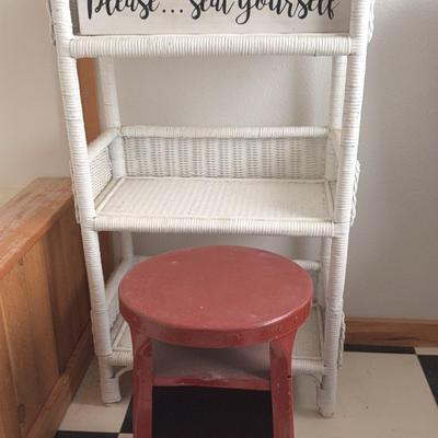 Small Orange-Red Metal Stool & Wicker Shelf
