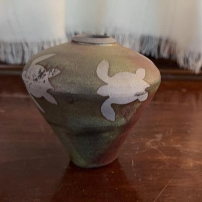 Petite Studio Art Pottery Vase w/Turtles & Shimmery Glaze Signed by Artist