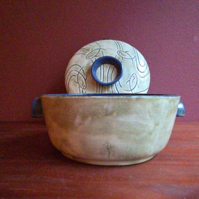 Vintage Lidded Pottery Dish w/Fish Theme by Rosemary