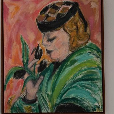 Woman Smelling Flowers-Painting Signed by Artist