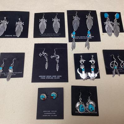 NSJ345 Ten Pairs Of Navajo Sterling Silver & Turquoise Earrings New