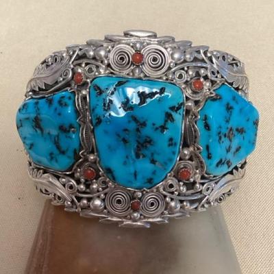NSJ425 Large Navajo Sterling Silver Turquoise & Coral Floral Cuff Bracelet  New