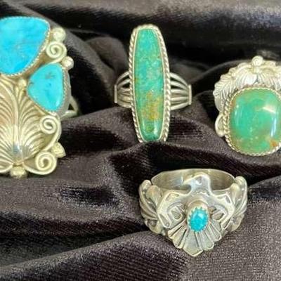 NSJ276 - Four Navajo Sterling Silver Rings With Turquoise Sz 8.5-9