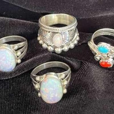 NSJ112 - Four Navajo Sterling Silver Opal & Turquoise Rings Sz 7.5 