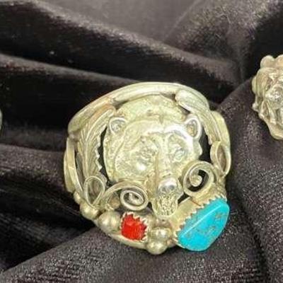 NSJ239 - Three Men’s Navajo Sterling Silver Rings With Turquoise & Coral Sz 13