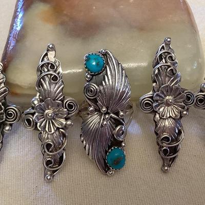 NSJ070 Five Navajo Sterling Silver & Turquoise Rings Size 6