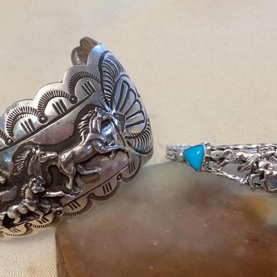 NSJ476 Two Navajo Sterling Silver & Turquoise Running Horses Cuff Bracelets New