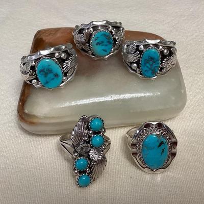 NSJ089 Five Navajo Sterling Silver & Turquoise Rings Size 9