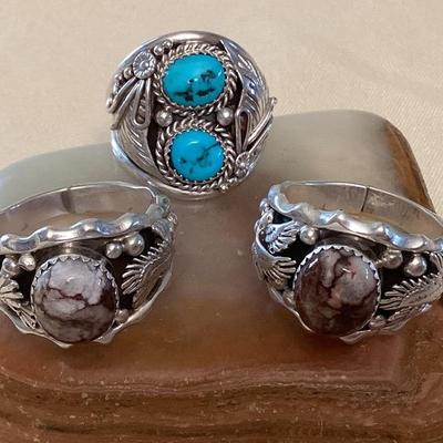 NSJ333 Three Navajo Sterling Turquoise & Wild Horse Turquoise Rings Size 13.5 New