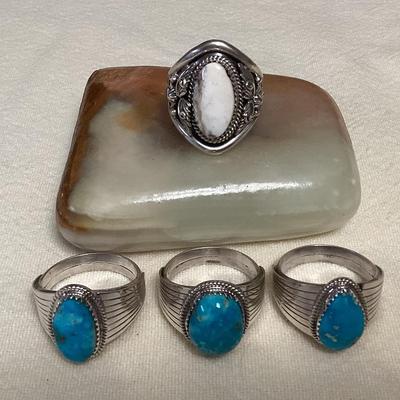 NSJ093 Four Navajo Sterling Silver White Buffalo Turquoise & Turquoise Rings Size 11