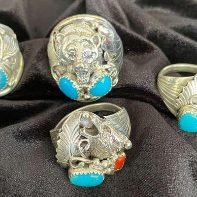 NSJ214 - Four Mens Navajo Sterling Silver Turquoise & Coral Rings Sz 13.25-13.5