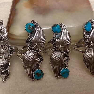 NSJ075 Four Navajo Sterling Silver & Turquoise Rings Size 9