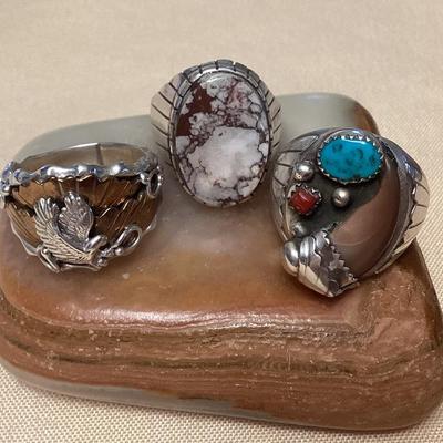 NSJ316 Three Navajo Sterling Wild Horse Turquoise, Turquoise & Coral And Copper? Rings Size 12 New