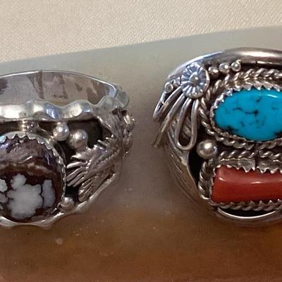 NSJ334 Two Navajo Sterling Wild Horse Turquoise & Turquoise & Coral Rings Size  12.5  & 15 New