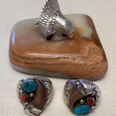 NSJ302 Three Navajo Sterling Silver Turquoise, Coral & Bone? Rings Size 11.5 New