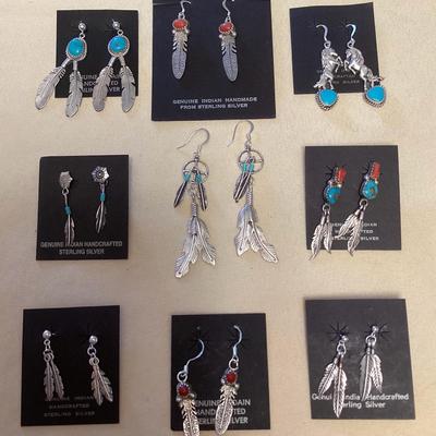 NSJ357 Nine Pairs Of Navajo Sterling Turquoise & Coral Earrings New