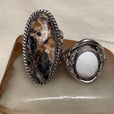 NSJ049 Two Navajo White Buffalo Turquoise Sterling Silver Rings Size 10.75