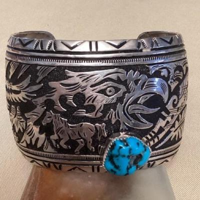 NSJ418 Large Navajo Sterling Silver & Turquoise Eagle Cuff Bracelet New