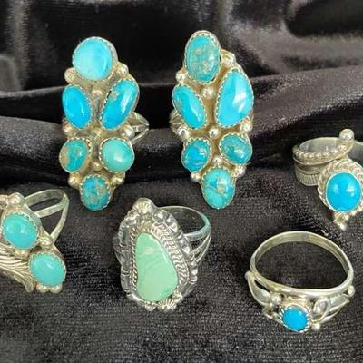 NSJ161 - Five Navajo Sterling Silver Turquoise Rings Sz 7.5-8
