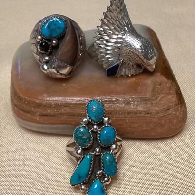 NSJ322 Three Navajo Sterling Turquoise , Onyx & Lapis Lazuli Rings Size 10.5 New