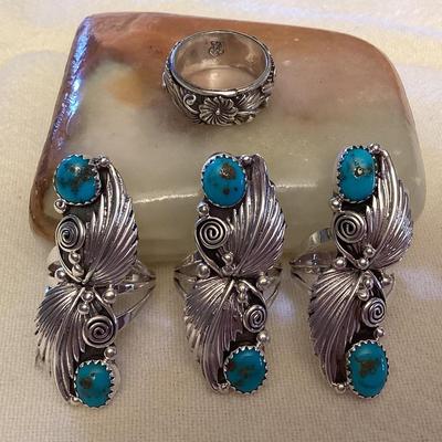 NSJ071 Four Navajo Sterling Silver & Turquoise Rings Size 6.5