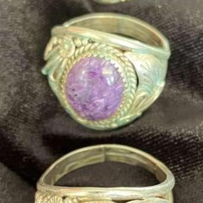NSJ139 - Three Men’s Navajo Sterling Silver Purple Charoite & Maybe Lapis Lazuli Rings Sz 15