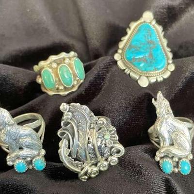 NSJ255 - Five Navajo Sterling Silver Rings With Turquoise Sz ￼