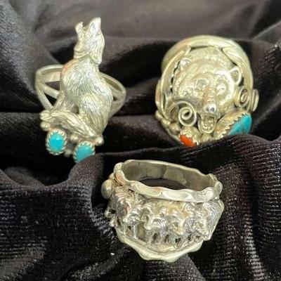 NSJ240 - Three Men’s Navajo Sterling Silver Rings With Turquoise Sz 9.5-9.75