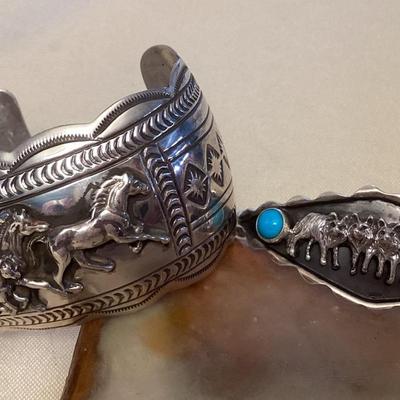 NSJ479 Two Navajo Sterling Silver & Turquoise Wolf Pack & Running Horse Cuff Bracelets New