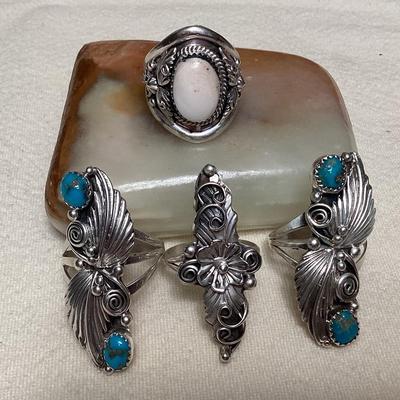 NSJ083 Four Navajo Sterling Silver White Buffalo Turquoise & Turquoise Rings Size 10
