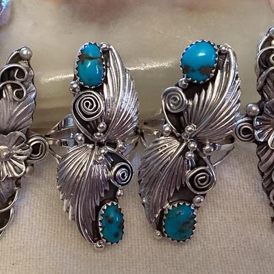NSJ062 Four Navajo Turquoise & Sterling Silver Rings Size 8.5