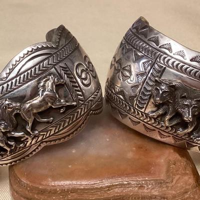 NSJ437 Two Large Navajo Sterling Silver Horse & Wolf Cuff Bracelets New