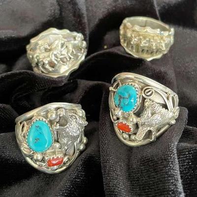 NSJ223 - Mens Four Navajo Sterling Silver Rings Sz 12.5-13