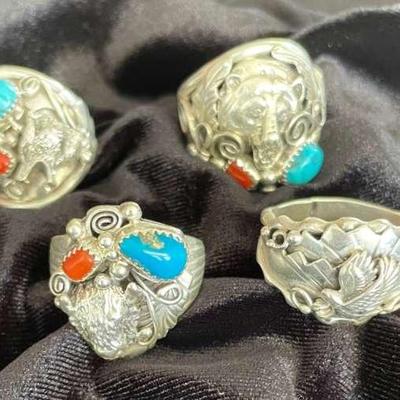 NSJ247 - Four Men’s Navajo Sterling Silver Rings With Turquoise & Coral Sz 14-14.5