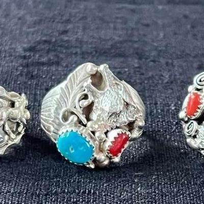 NSJ195- (5) Najavo Sterling Silver Rings Sz 12-13 With Turquoise/Gemstones