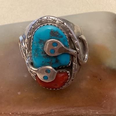 NSJ336 Navajo Sterling Turquoise & Coral Snake Ring Size 11 New