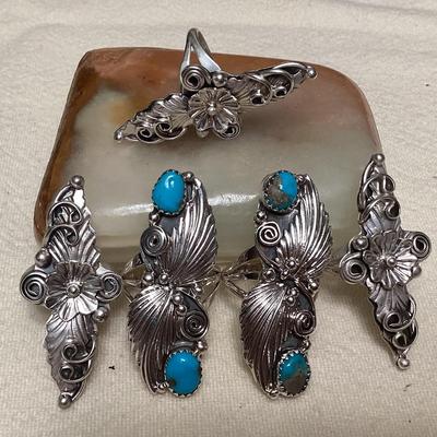 NSJ086 Five Navajo Sterling Silver & Turquoise Rings Size 7