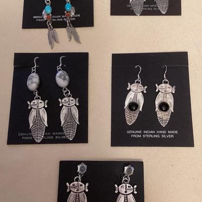 NSJ382 Five Pairs Of Navajo Sterling Turquoise, Coral, Onyx & Howlite Earrings New